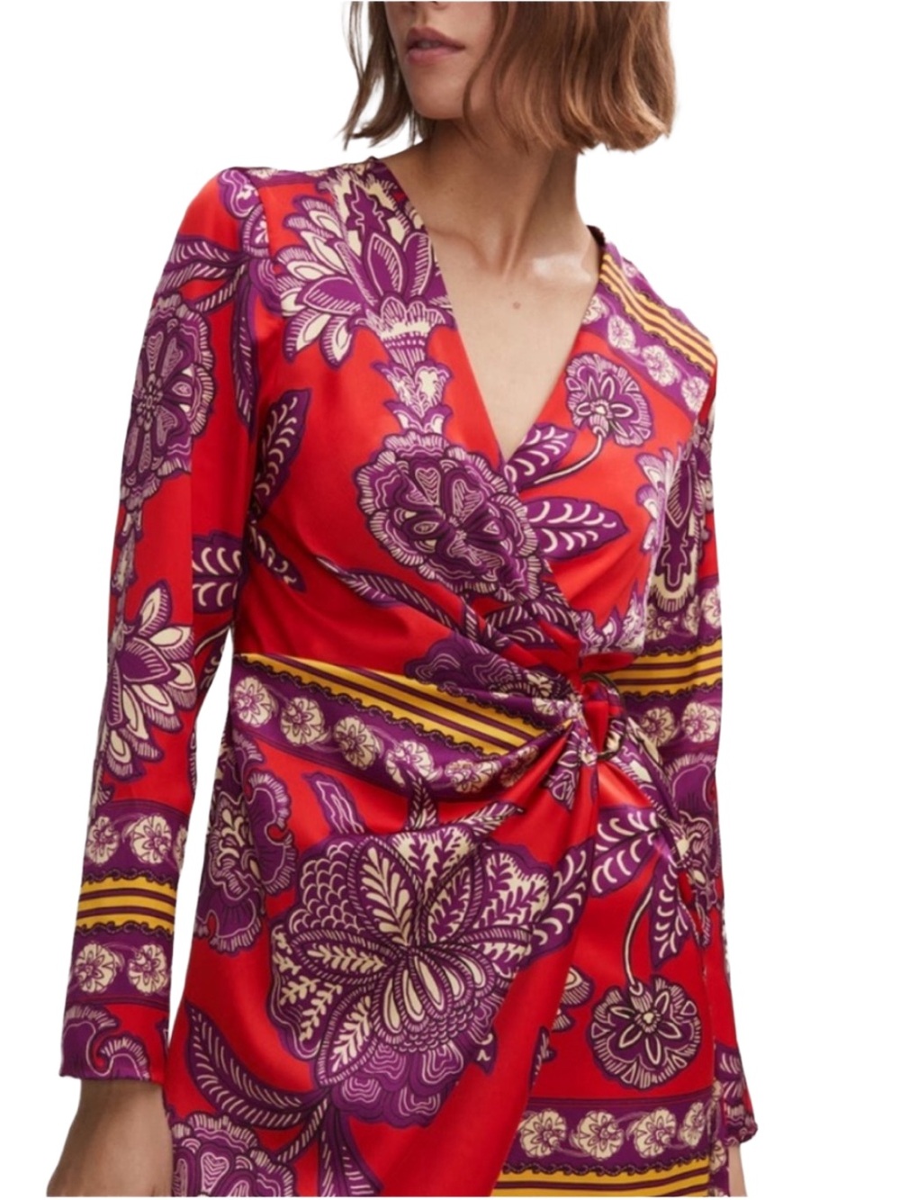 MNG Women’s Red Purple Gold Beige Print Long Sleeve Wrap Mini Dress Tunic